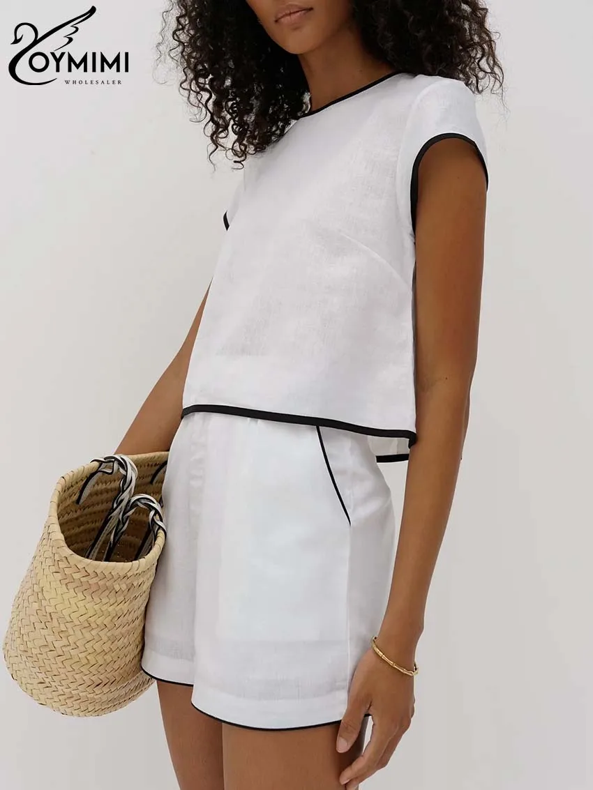 Oymimi Casual Dark Blue Patchwork 2 Piece Sets Women Outfit Elegant O-Neck Short Sleeve Blouses And High Waisted Shorts Sets