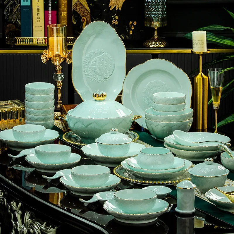 Jingdezhen high white porcelain shadow blue relief dishes set ceramic dishes tableware set housewarming bowls gift wholesale