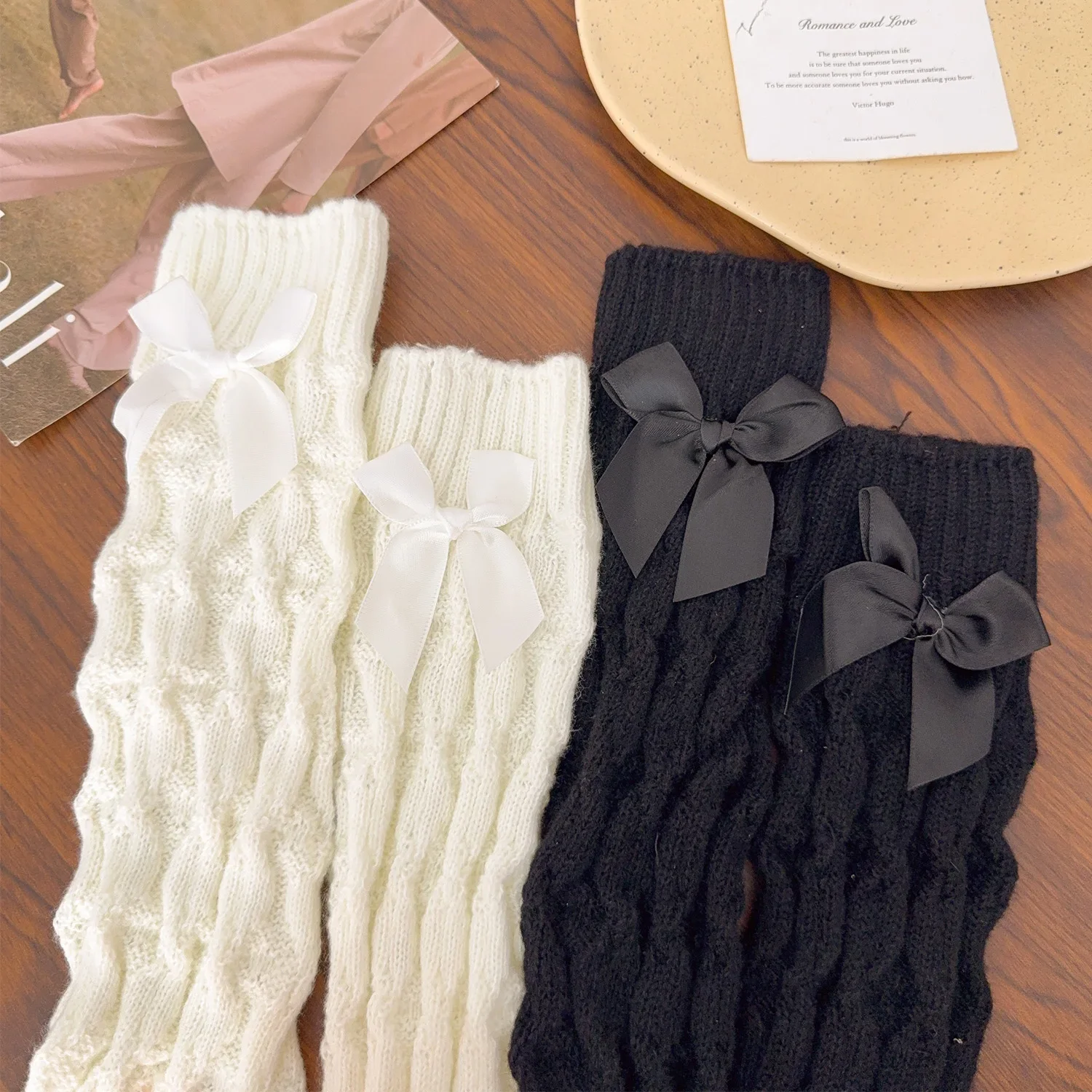 Coréen doux filles dentelle jambières tricoté couvre-pied femmes filles Style Lolita solide automne hiver élastique Tube chaussettes avec arc