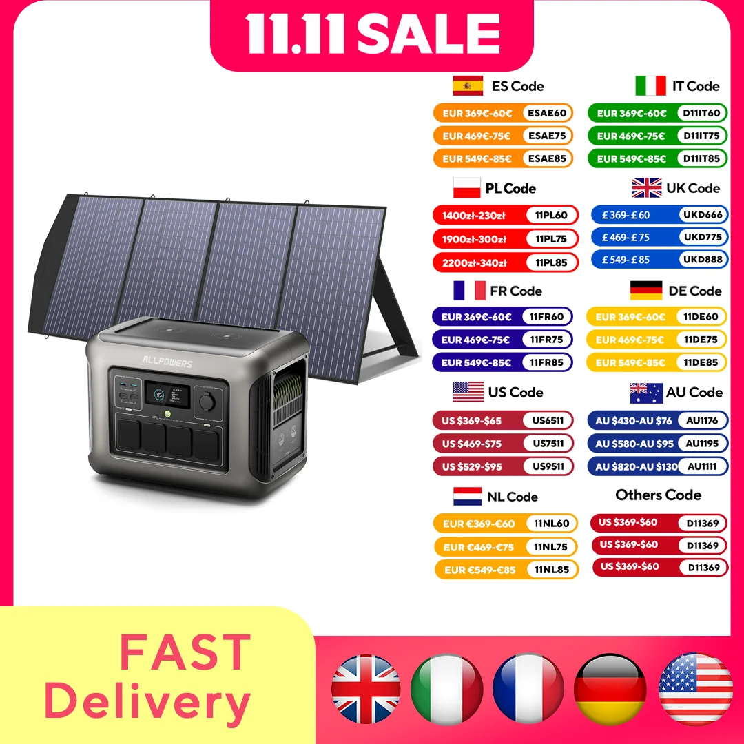 

Портативная электростанция ALLPOWERS R1500 с солнечной панелью 100 Вт/200 Вт, Вт/ч, солнечный генератор переменного тока LiFePO4 для освещения сада