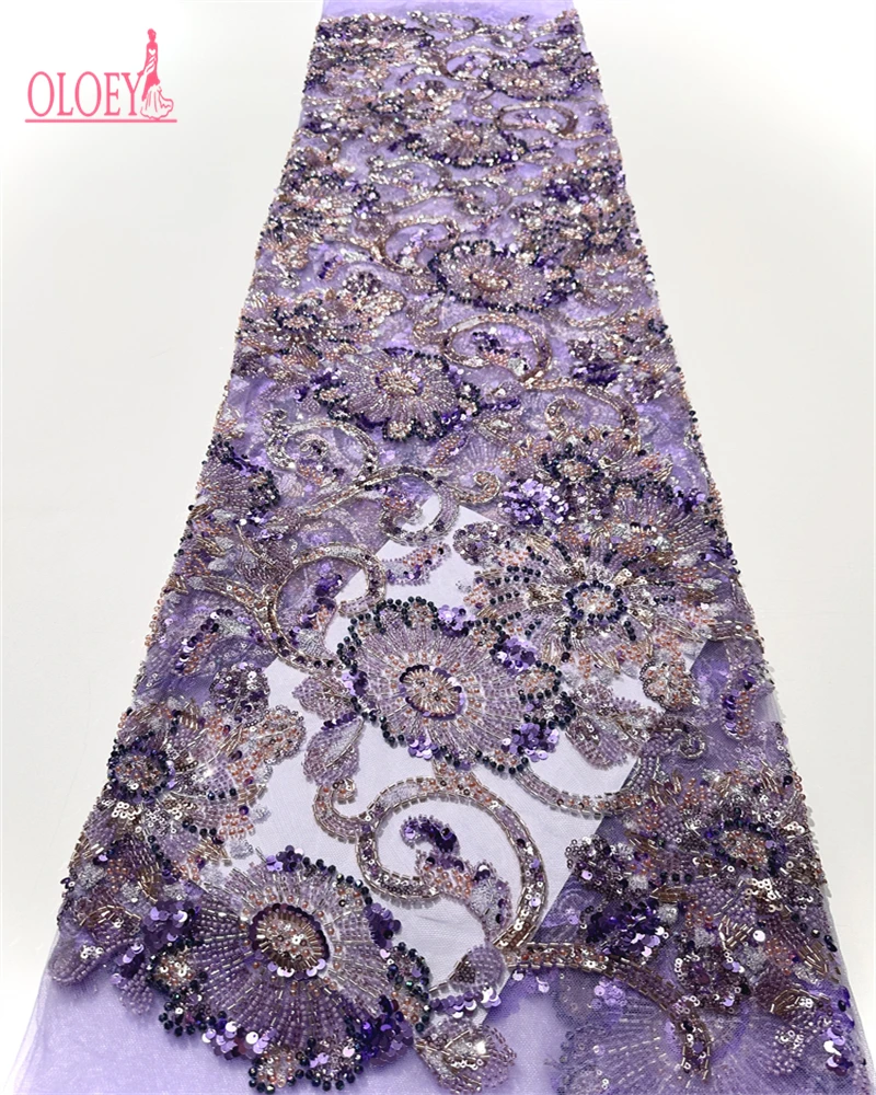 

OLOEY High-End Handmade Unique Fashion Beaded Net Lace Sequin Wedding Dress Material Super High Quality for Women's Special