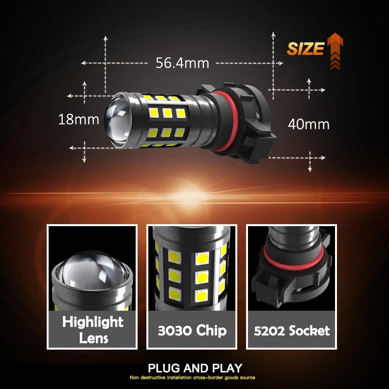 OBO LED 2PCS 5202 Fog Lamp Auto Replacement Bulb H16 Base 3030Chip 27SMD Daytime Running Light White DC12V-24V Car Styling 6000K