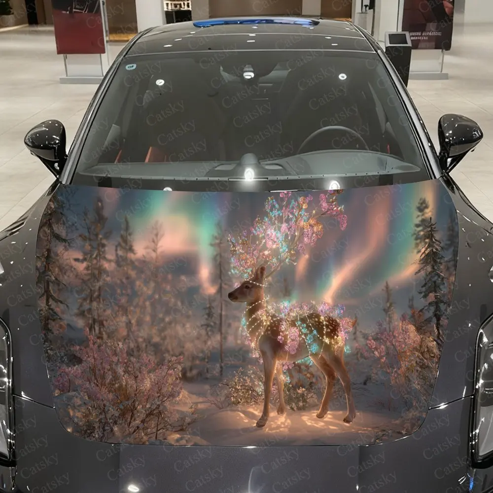 

Reindeer & Aurora Forest Car Vinyl Wrap, PVC Waterproof Car Hood Sticker, Self-Adhesive Scratch-Resistant Stickers