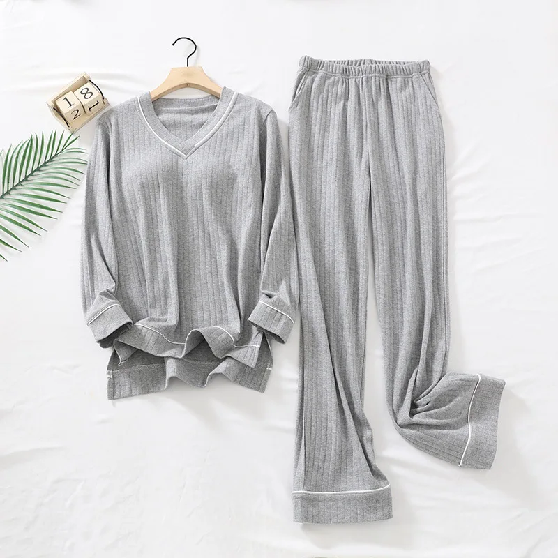 New Spring and Autumn Women\'s Pajamas Set V-Neck Cotton Thread Knitted Long Sleeve Pants Solid casual two-piece home clothes