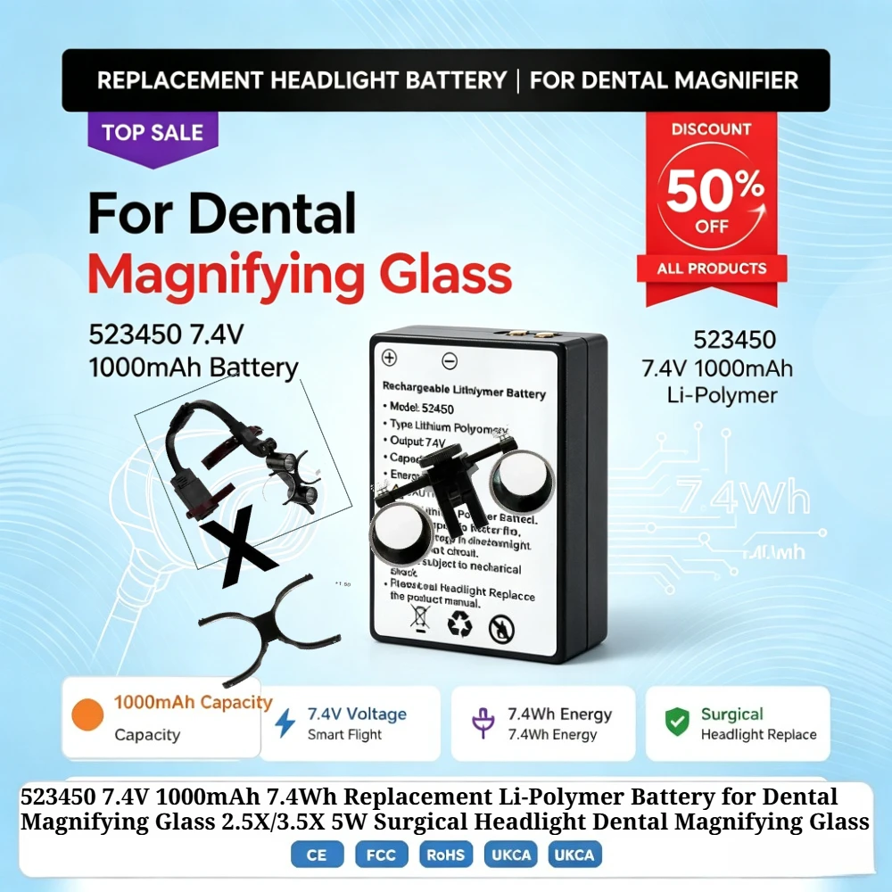 523450 7.4V 1000mAh 7.4Wh Replacement Li-Polymer Battery for Dental Magnifying Glass 2.5X/3.5X 5W Surgical Headlight Dental