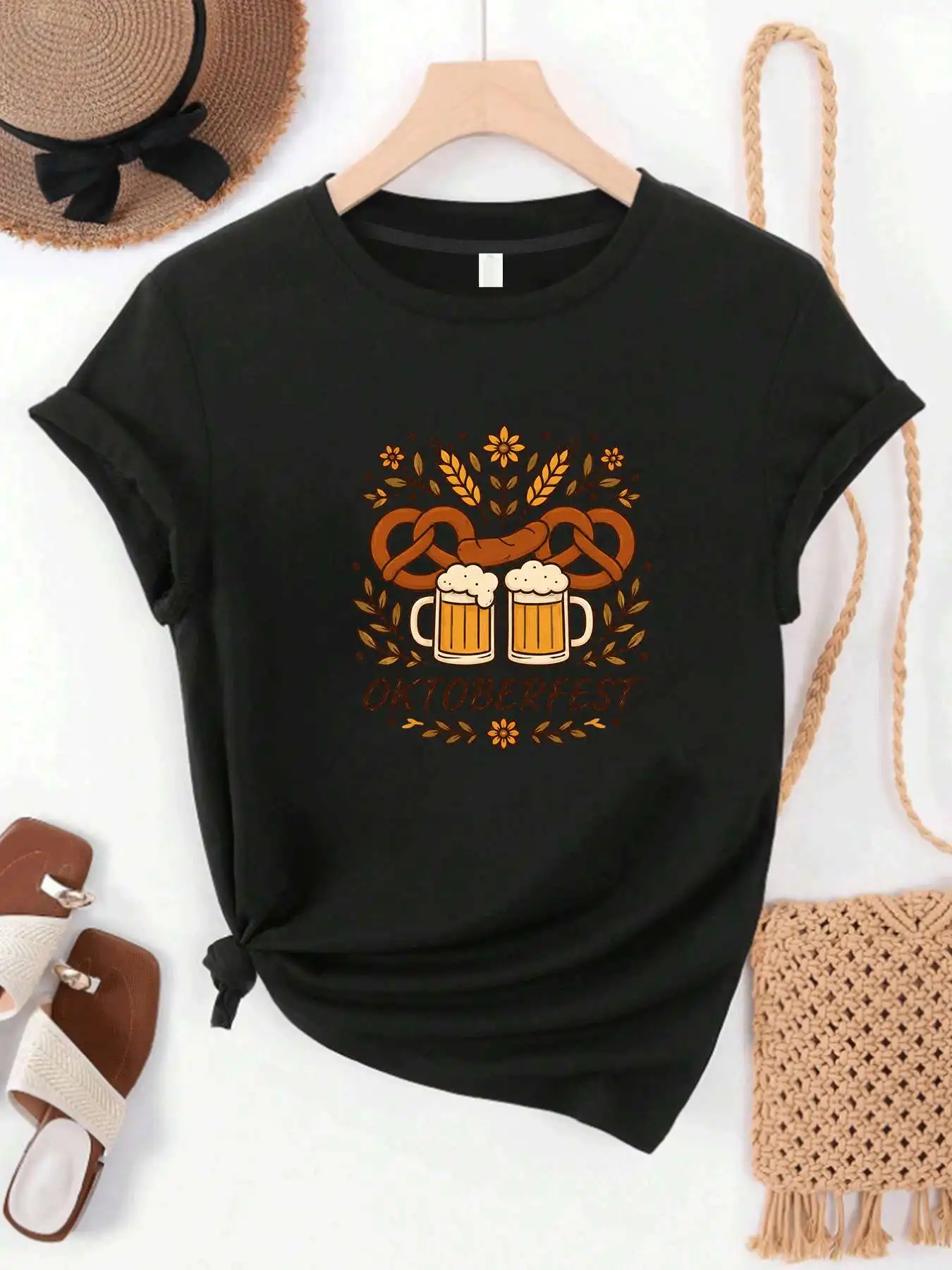 【MYJ062633】Beer Festival women's T-shirt wine set text pattern round neck short sleeved T-shirt for women