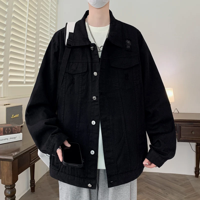 

Casual Men's Cotton Denim Jackets 2026 Spring Autumn Loose Jeans Youth Hip Hop Streetwear Solid Denim Coats Cowboy Tops Clothing