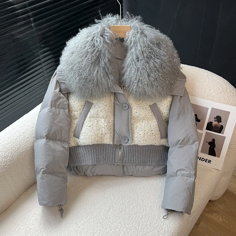 Women's Winter Top Coat Down Jacket White Duck Down Patchwork Short Fur Collar Thickened Warm Simple Comfortable Niche Versatile