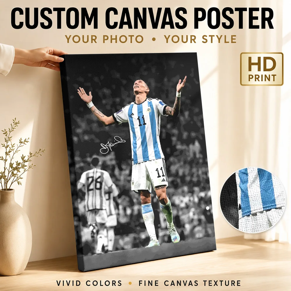 Angel Di Maria celebrating a goal Canvas Painting Poster Customized Photo Sports Portrait Wall Art for Gym Decor Ready to Hang