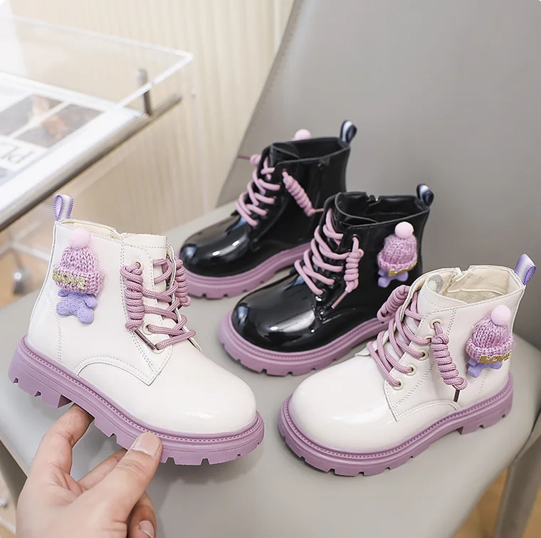 Autumn Winter Children Leather Boots Girls High-top Snow Boots Princess Side Zipper Design Leather Shoes Kids Warm Cotton Boots