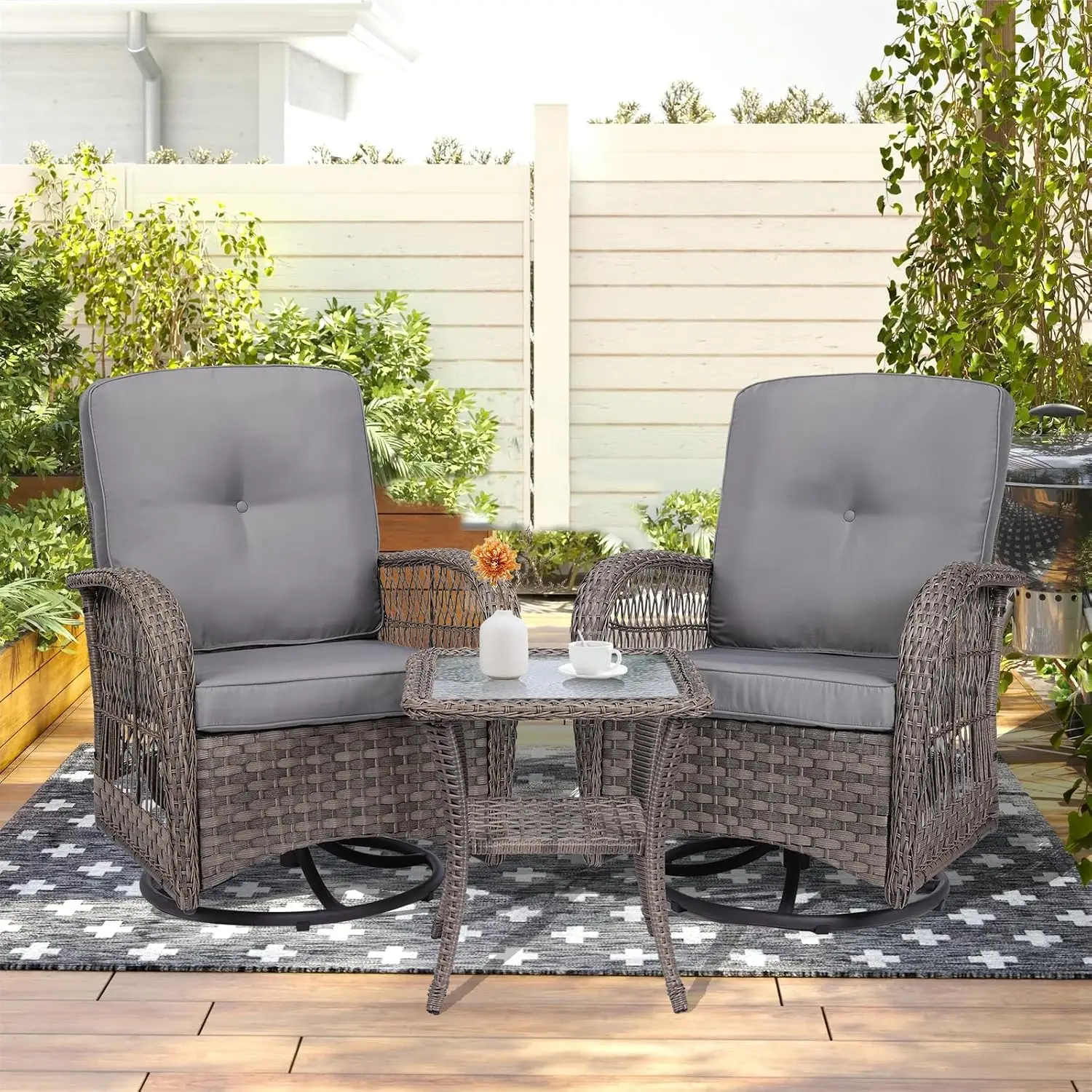 3-Piece Wicker Patio Bistro Set, Rattan Gliding Swivel Chair with Cushion & Glass Table Outdoor Furniture for Garden, Customized
