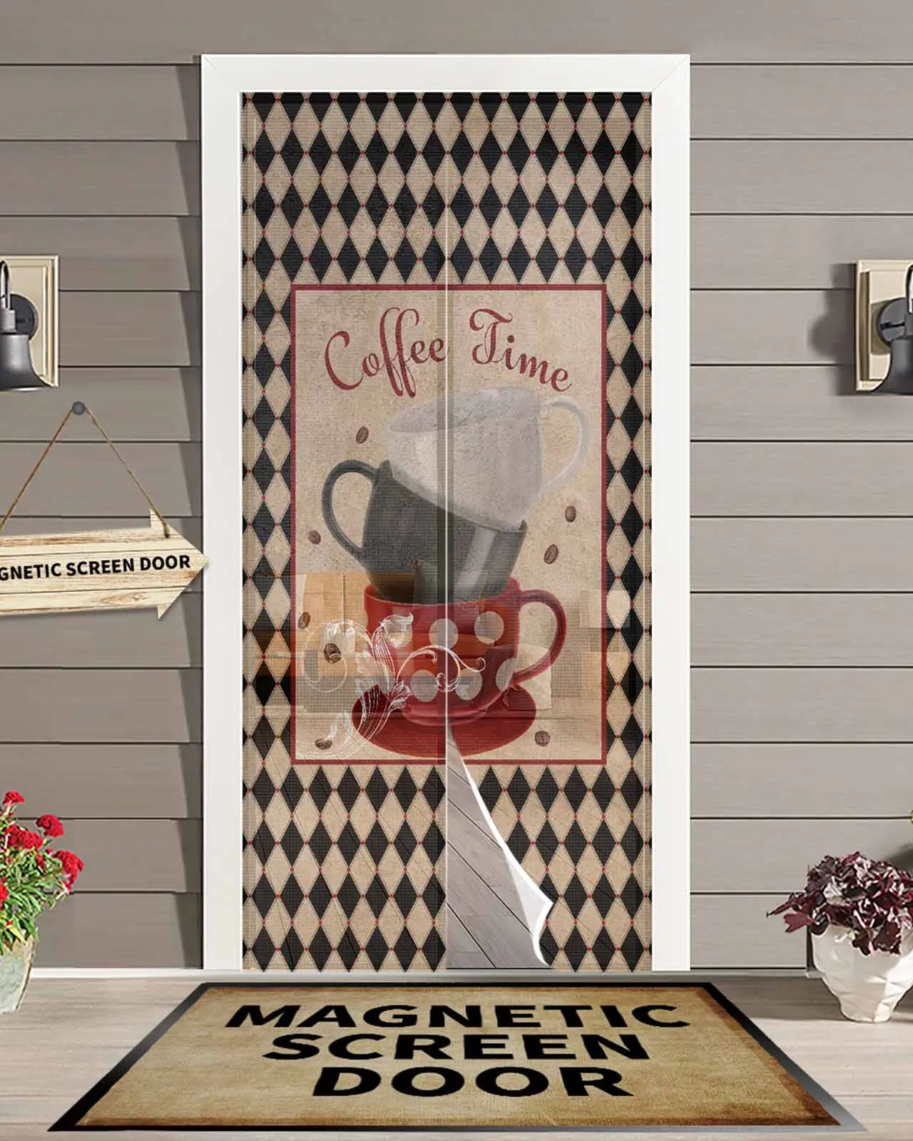 Retro Plaid Coffee Cup Summer Magnetic Door Curtain Living Room Bedroom Home Anti-mosquito Screen Door Curtain