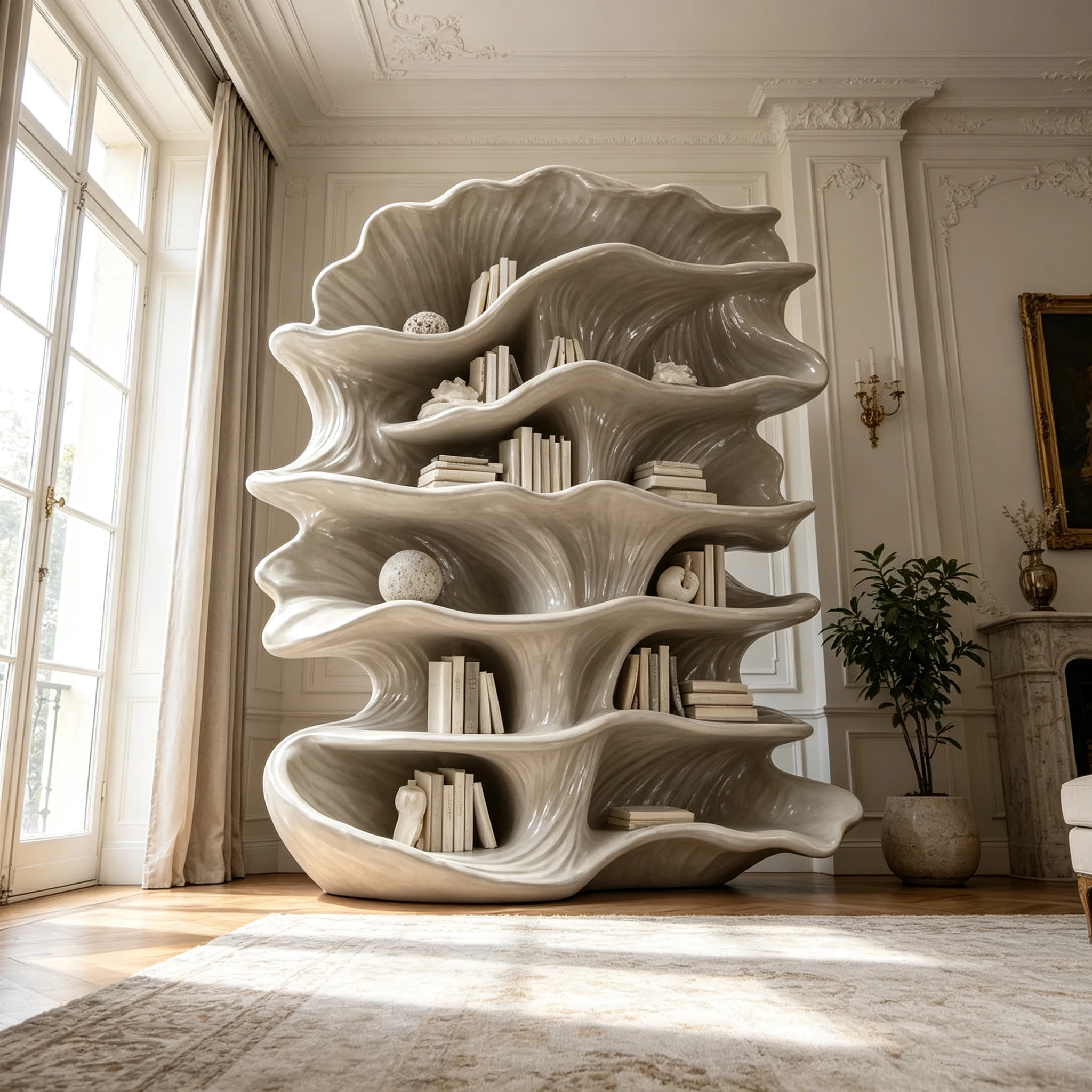 c*-Cream Gloss Biomorphic Wave Storage Bookshelf Whole Molded Fiberglass Frame for Elegant Residential