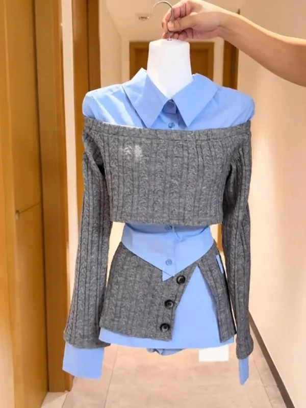 

Korean Design Slimming Long Sleeve Knitted Short Skirt Set Women's Fashion Autumn High Waist Bodysuit V-Neck Casual Workwear