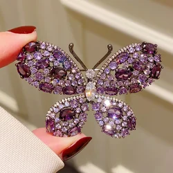 Light Luxury Dark Purple Zircon Butterfly Brooch Pins Retro Suit Coat Pin for Women Elegant Animal Corsage Accessories Ornament