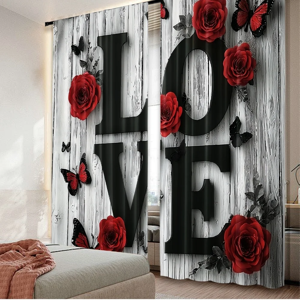 2D flat printing 2pcs Scene Curtain Love Blossom Digital Printed Polyester Drapes Festive Curtains Use for Home Decor for