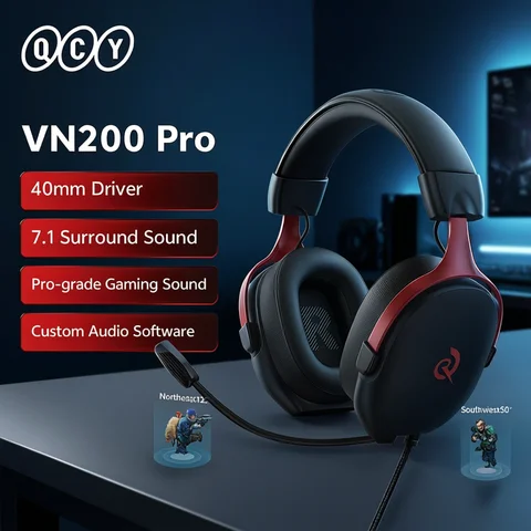 QCY VN200 Pro Wired Gaming Headset With Mic 40mm Driver 7.1 Surround Over Ear Headphones For PC PS4 PS5 Gamer Headphones