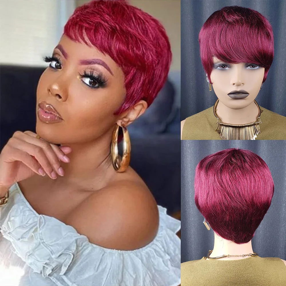 شعر الإنسان عابث قطع قصيرة مستقيمة 99J بورجوندي باروكة من شعر طبيعي آلة كاملة صنع شعر مستعار شعر طبيعي مفرود الباروكات #1