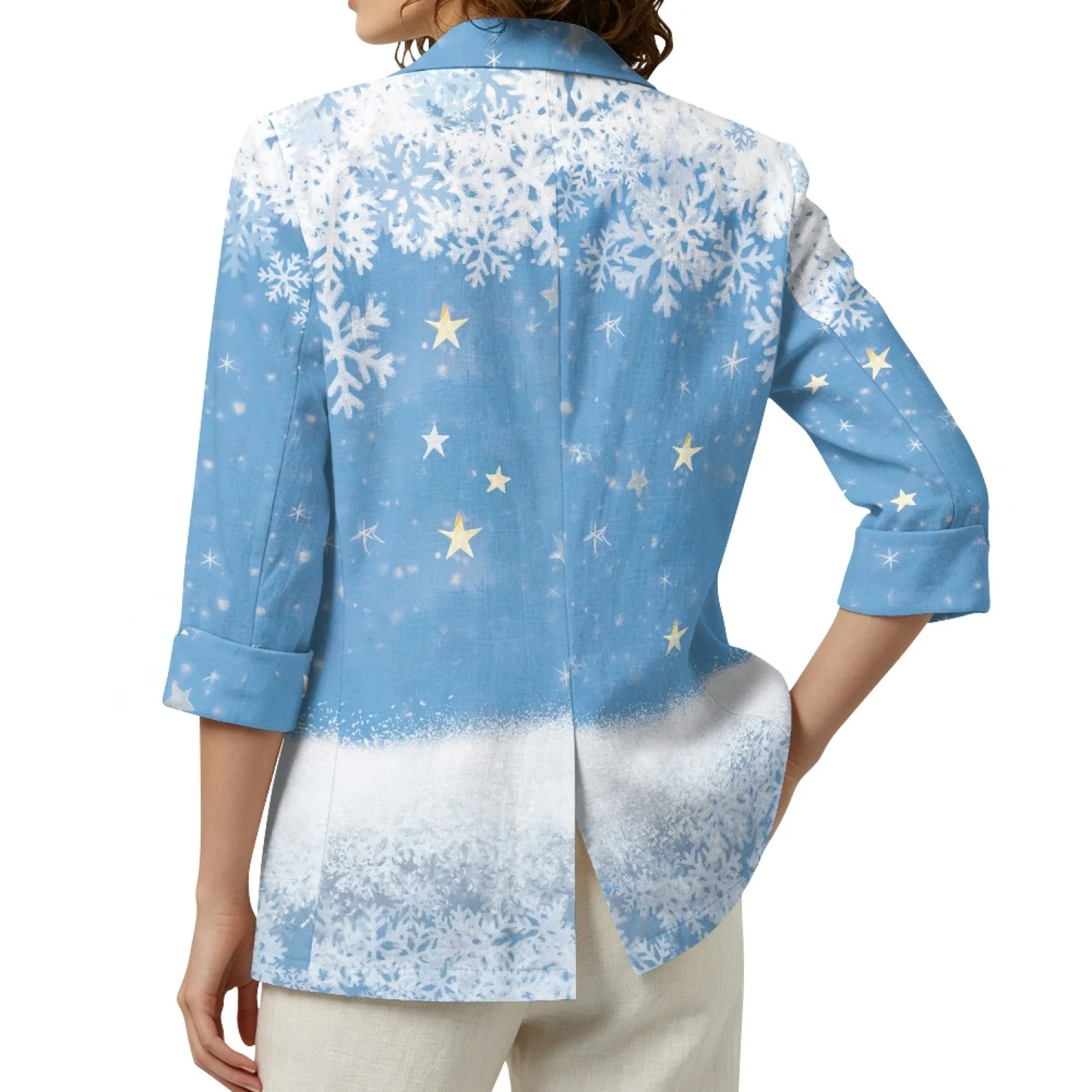 PENSTROLL Snowflake Star Print 3/4 Sleeve Beach Cardigan for Women Linen Like Open Front Jacket Open Front Cardigan