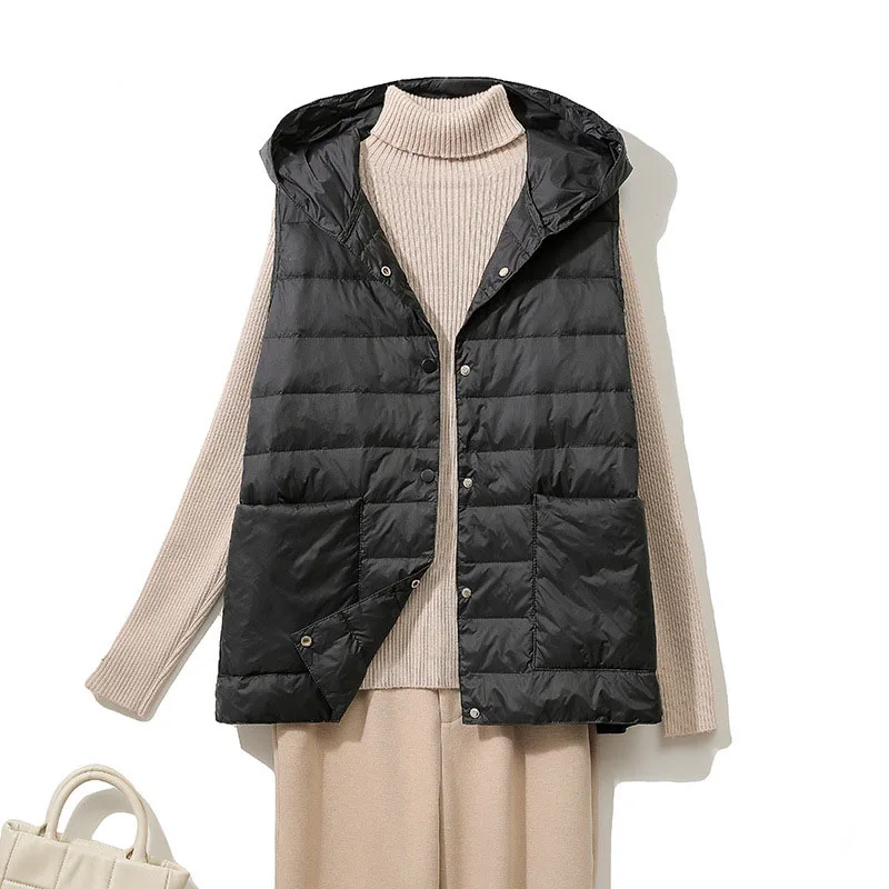 SEDUTMO Winter Pocket Duck Down Women Vest Jackets Slim Hooded Waistcoat Autumn Oversize Pocket Casual Parkas ED2125