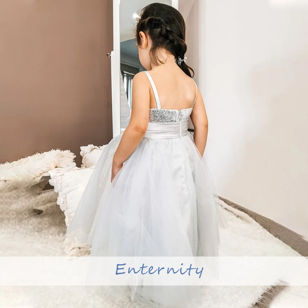 Princess Girls Dress  A-line Flower waist Open Back Flower Girl Dress Ankle-length Sleeveless Sequin Vestidos Para Niñas