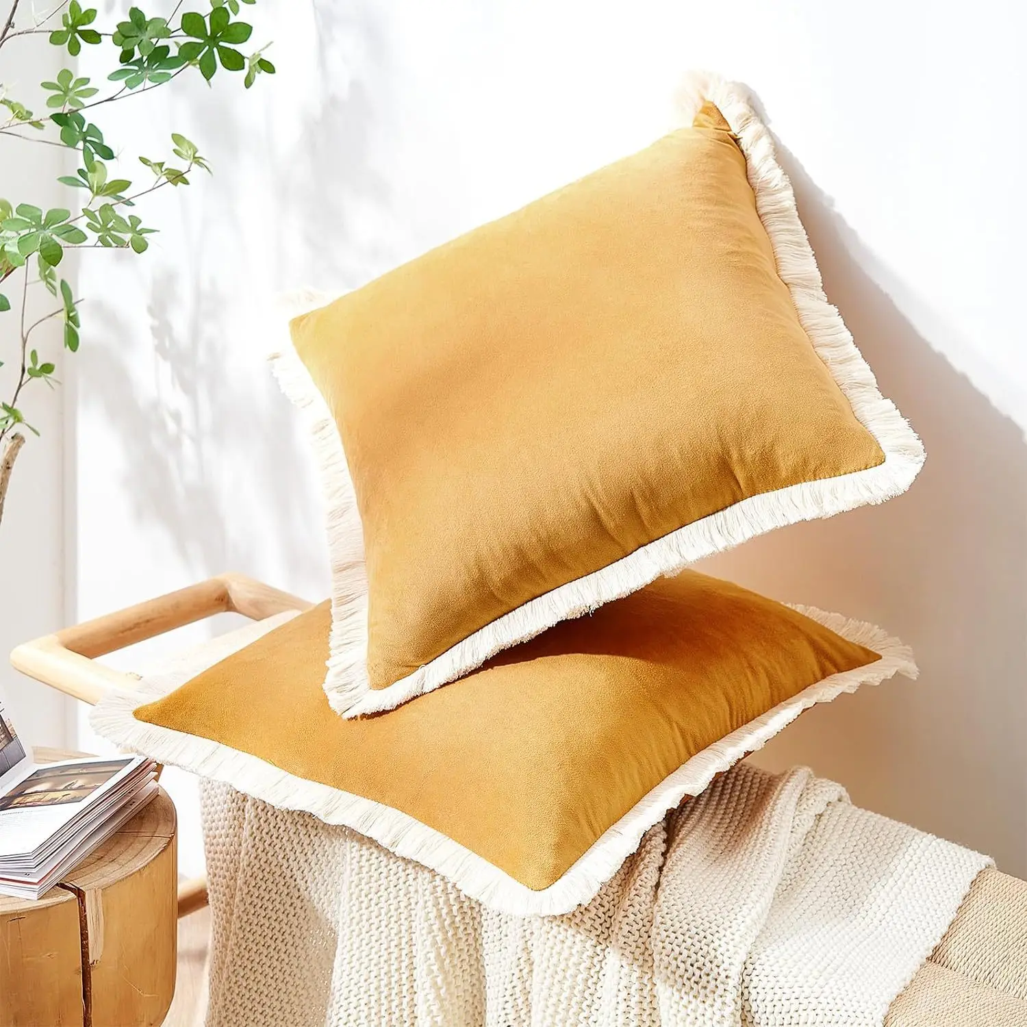 Soft Velvet Decoration Pillow Cover, Orange, Ivory, Forest Green, Yellow Tassels, Fringed, 18x18inch, 20x20inch, 24x24inch