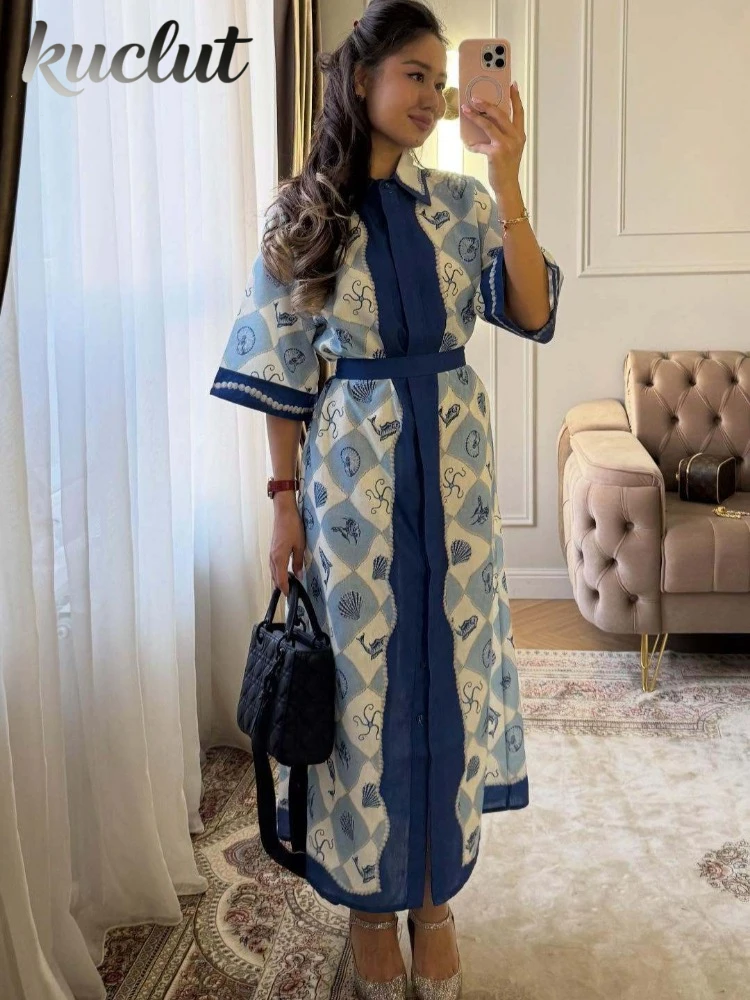Lässiges Bedrucktes Sommerkleid mit Lockerem Kragen und Gürtel Urlaubskleid für Damen Hochgeschnittener A-Linien-Rock Kurzarm mit Knopfverschluss