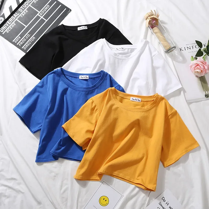 2025 Summer Short Sleeve T Shirts Women Cotton Solid T-shirt  O Neck High Waist Crop Top Tee Female Casual Loose  T Shirt
