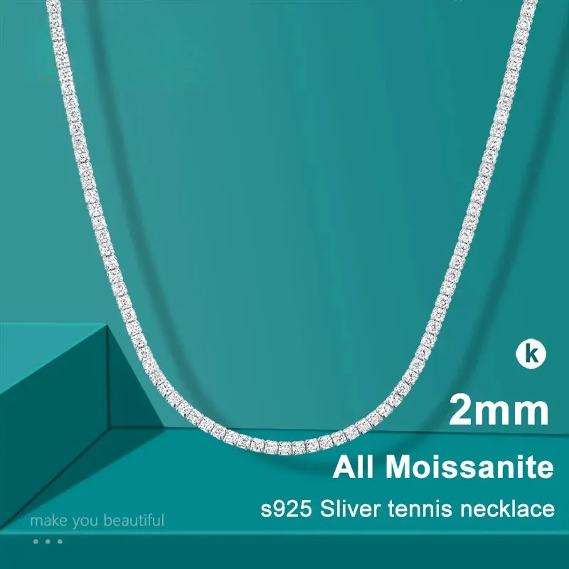 2mm D‑Color VVS1 Moissanite Tennis Necklace GRA Certified Pass Diamond Tester S925 Sterling Silver 18K White Gold Plated Adjustable Choker Chain Hidden Clasp Luxury Fine Jewelry Wedding Party Anniversary Gift For Women