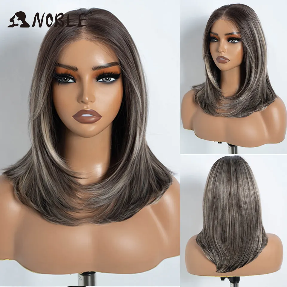 Edle synthetische Lace-Front-Perücken für Damen, 16 Zoll, 13x3, mit freiem Scheitel, vorgezupfte Bob-Perücken, gerade, geschichtet, Ombre-Braun, Lace-Front-Perücke – Detail 7