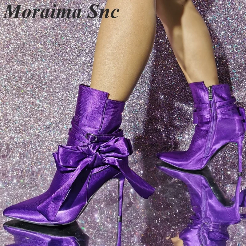 Purple Graceful Belt Buckle Bow Knot Decor Boots Thin High Heel Women Shoes Side Zipper Pointed Toe 2023 Zapatos Para Mujere