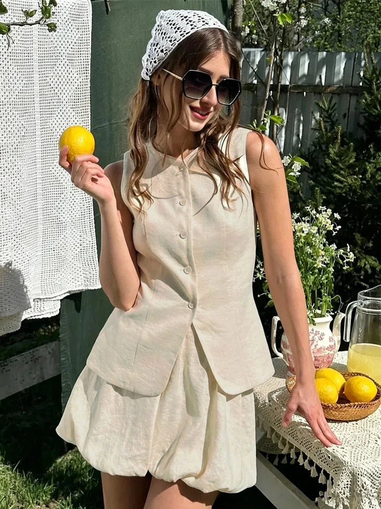 Damen Baumwoll-Chic Casual Sommer Weste Top Minirock Set Frauen Mode Pendler Ärmelloses Tanktop Lose Shorts Anzüge Damen