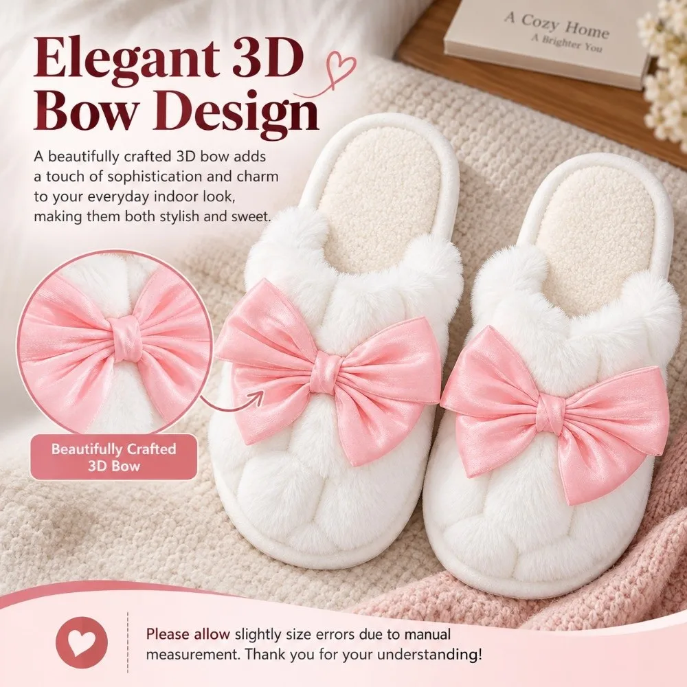 Durable 3D Bow Women's Cotton Slippers Winter Warm Non-Slip Couple Slippers Comfortable Fluffy Texture Home Slippers for Women