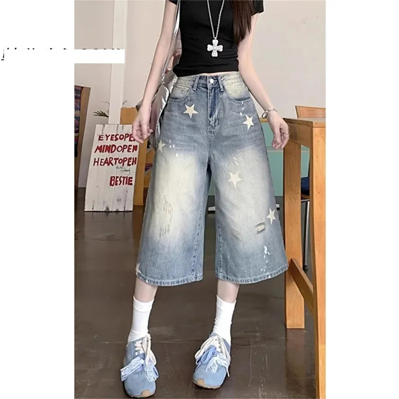

American Washed Distressed Wide Leg Seven Quarter Jeans for Women 2025 Spicy Girl Street High Waist Slimming Straight Leg Pants