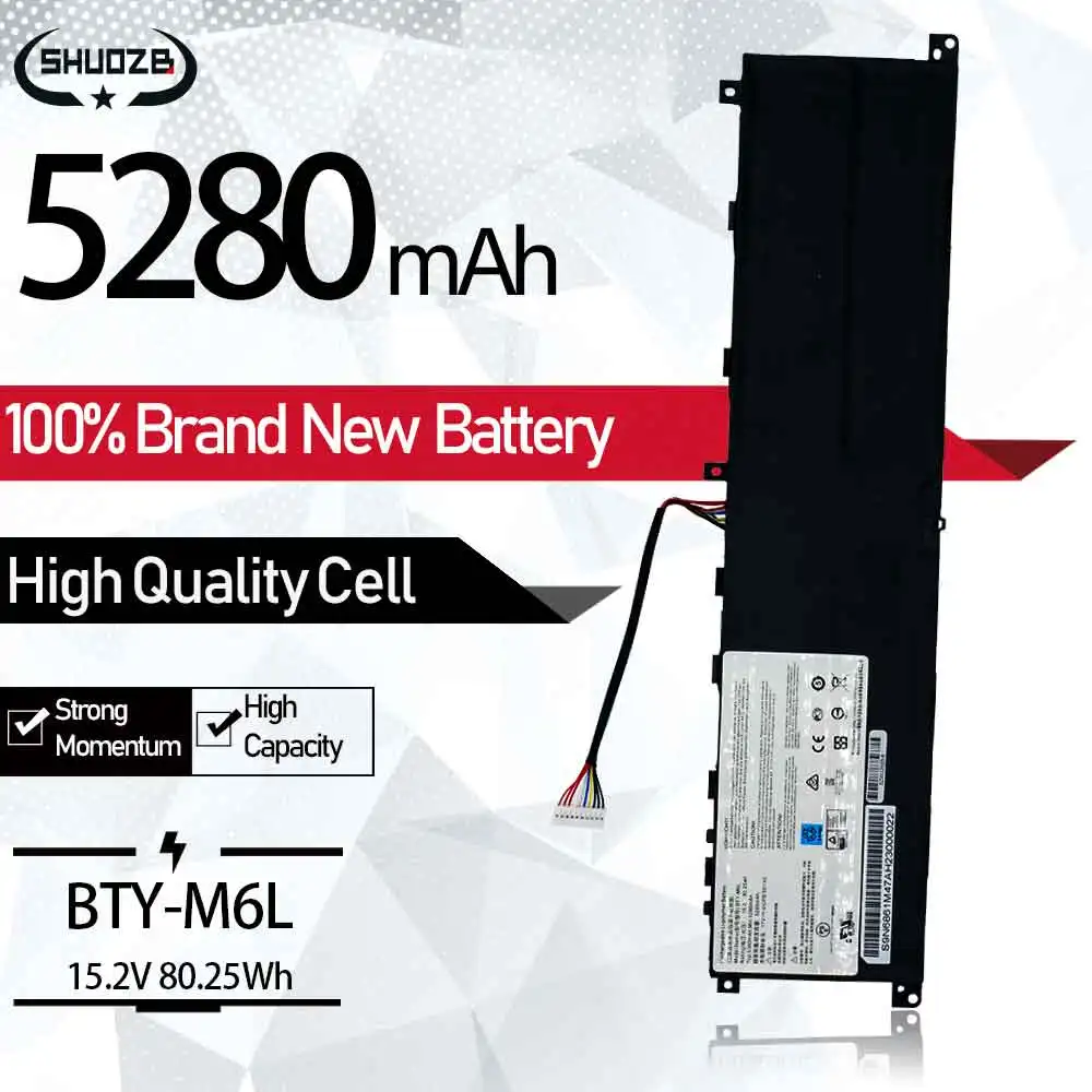 

SHUOZB BTY-M6L Laptop Battery For MSI 8RF GS65 PS42 8RB PS63 PS63 8RC 8RE 8RB 8RC 8RF 9SC MS-16Q3 MS-16Q2 15.2V 5280mAh 80.25Wh