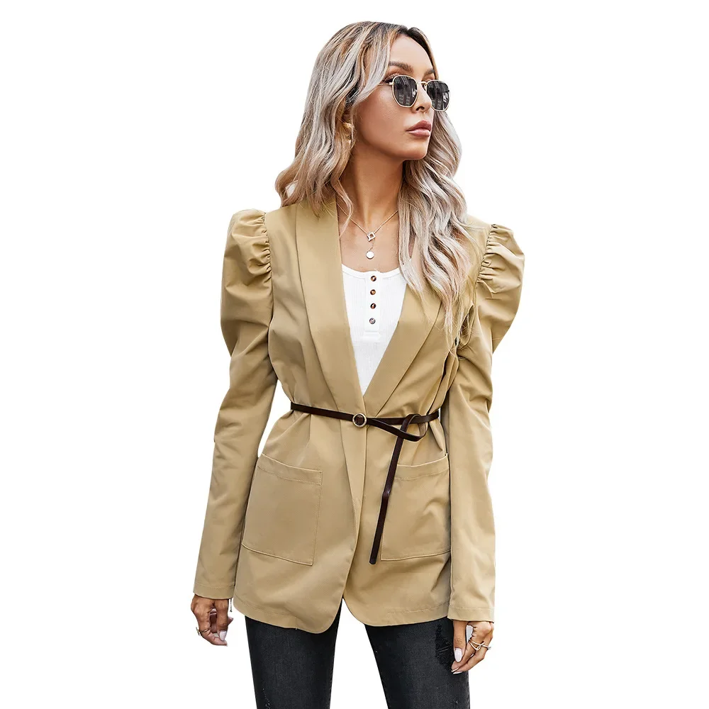 Vintage Bladerdeeg Mouw Blazer Vrouwen V-hals Effen Kleuren Mid-Lengte Casual Office Dames Blazer Herfst Mode Pendelen Jassen Khaki