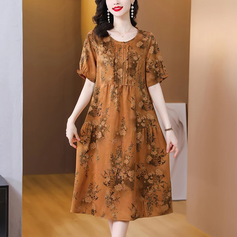 

2023 High End Elegant Silk Printed Dress Women's Summer Fashion Round Neck Vintage Silk Leisure Holiday Dress Vestidos