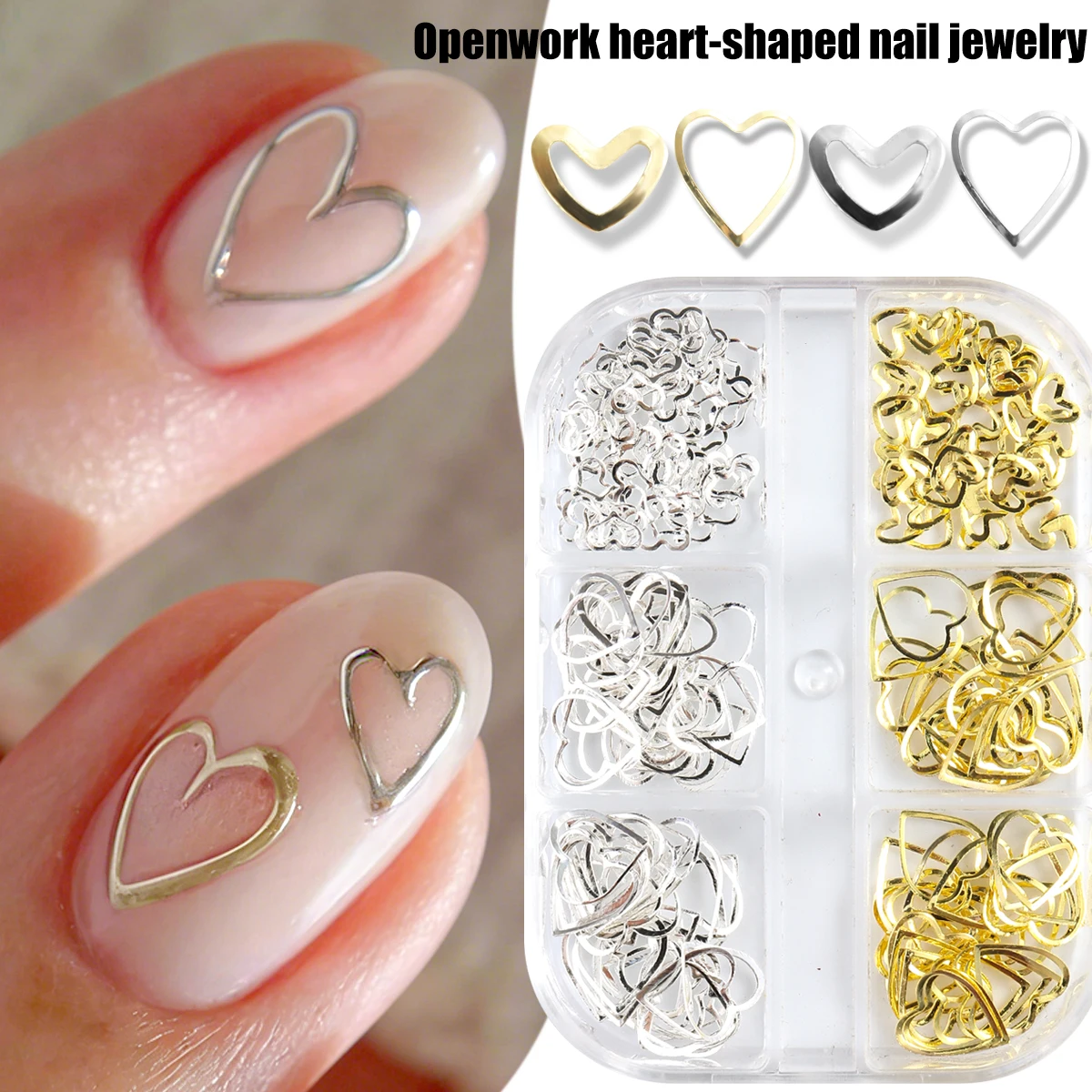 Minimalist Punk-Style Alloy Hollowed-Out Heart-Shaped Nail Art Decorations, Y2K Heart-Shaped Metal Nail Art Embellishments