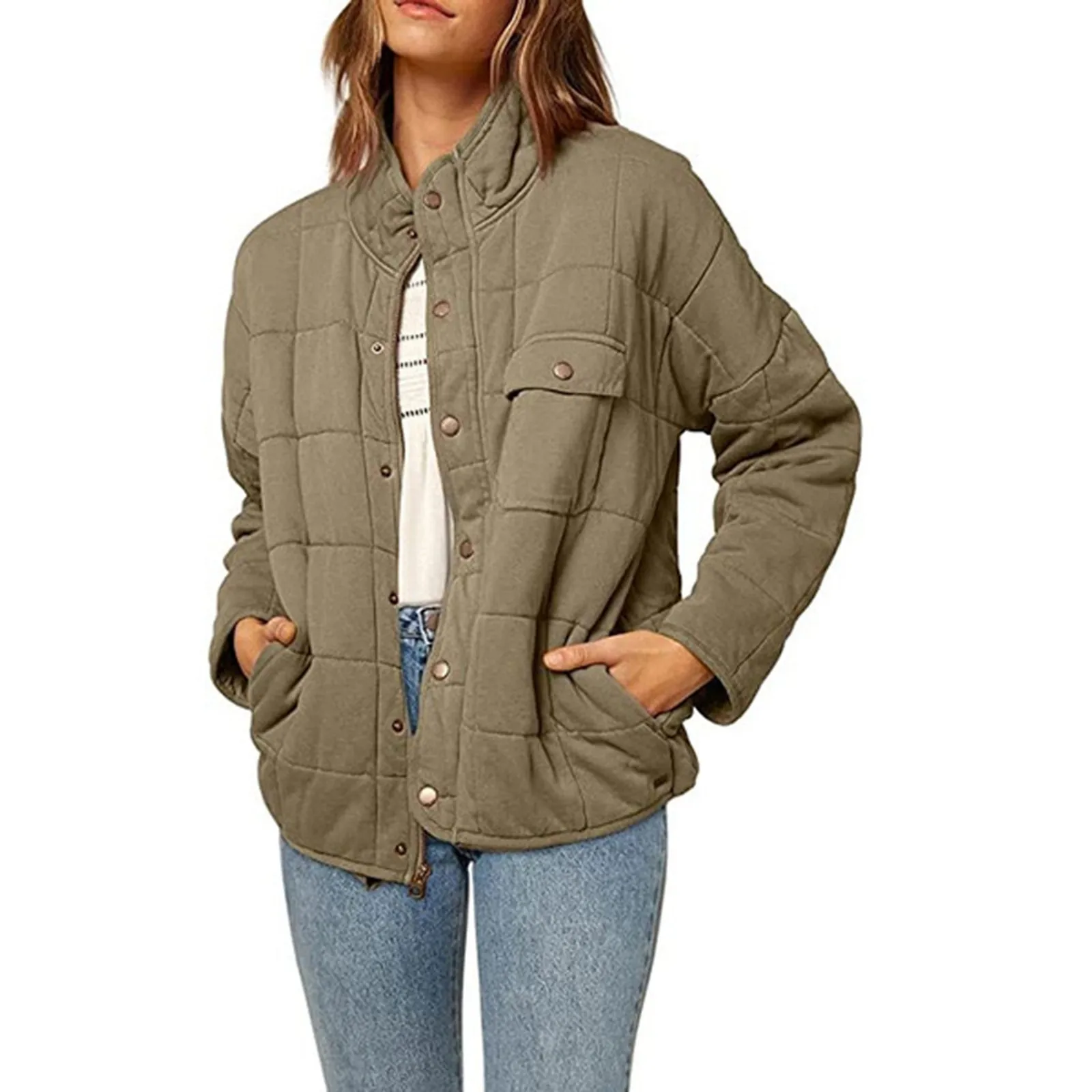 Chaqueta gruesa de cuello alto para mujer, prendas de vestir holgadas con bolsillos, Tops térmicos informales, invierno, 2024