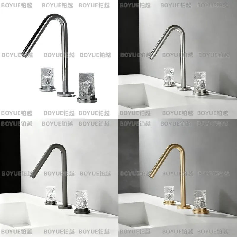 Gray Silver Crystal Handle 3 Hole Hot Cold Water Faucet Split Basin Mixer Tap for Bathroom Cabinet Washbasin Toilet Sink
