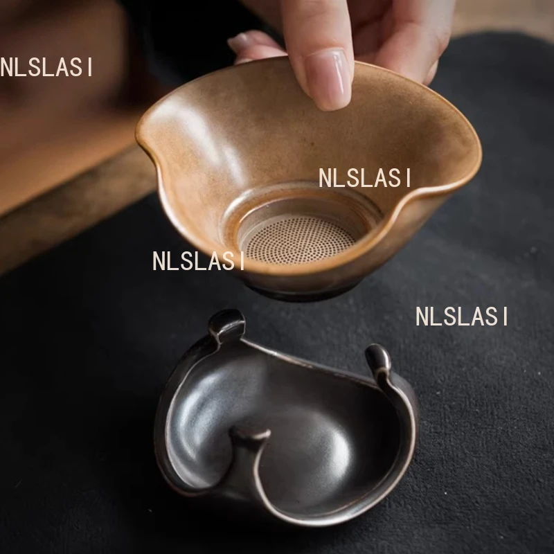 1 Set Lotus Leaf Ceramic Tea Strainer Chinese Style Kiln Tea Filter Set Kungfu Household Vintage Tea Ceremony Accessories