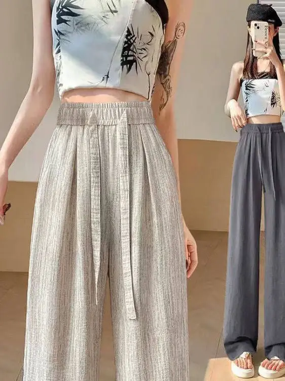 Pantalon à jambes larges en soie glacée pour femmes, drapé, taille haute, droit, décontracté, paresseux, longueur au sol, Cool, été