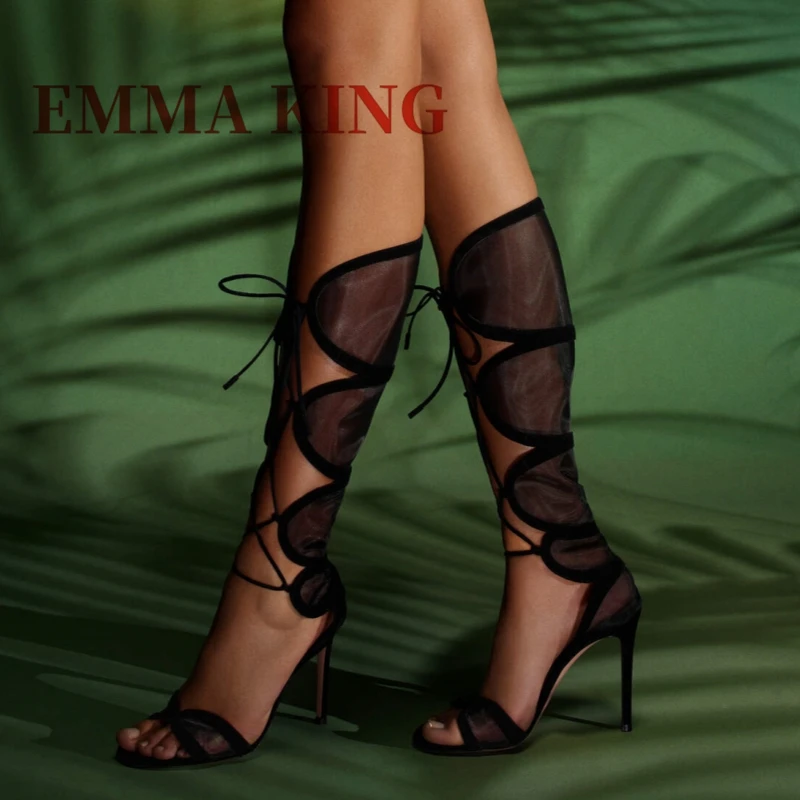 

Hollow Design Peep-toe Sandals Boots Cutout Mesh knee-high Boots Ladies Thin High Heels Club Party Lace Up Boots Women Shoes 44