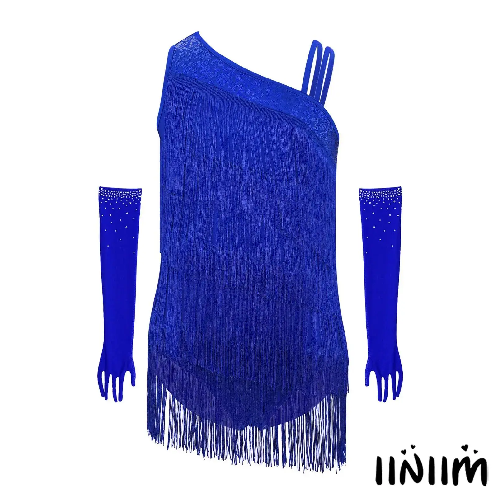 

Professional Latin Salsa Dance Outfit for Kids Girls Glittering Asymmetrical Leotard with Mesh Gloves And Tiered Fringe Details
