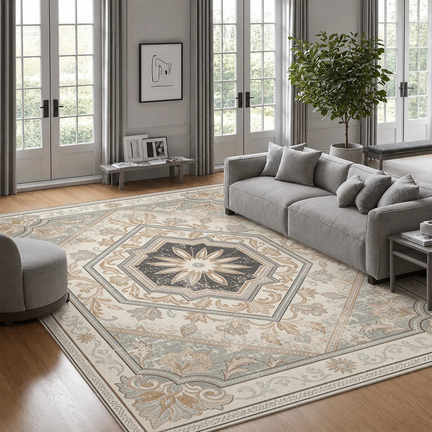 Vintage Medallion Ornament Pattern Area Rug, Velvet Material Machine Washable Soft Floor Carpet for Living Room, Bedroom, Dining Room, Entryway, Ideal Decor for Halloween, Thanksgiving, Black Friday, Christmas, New Year