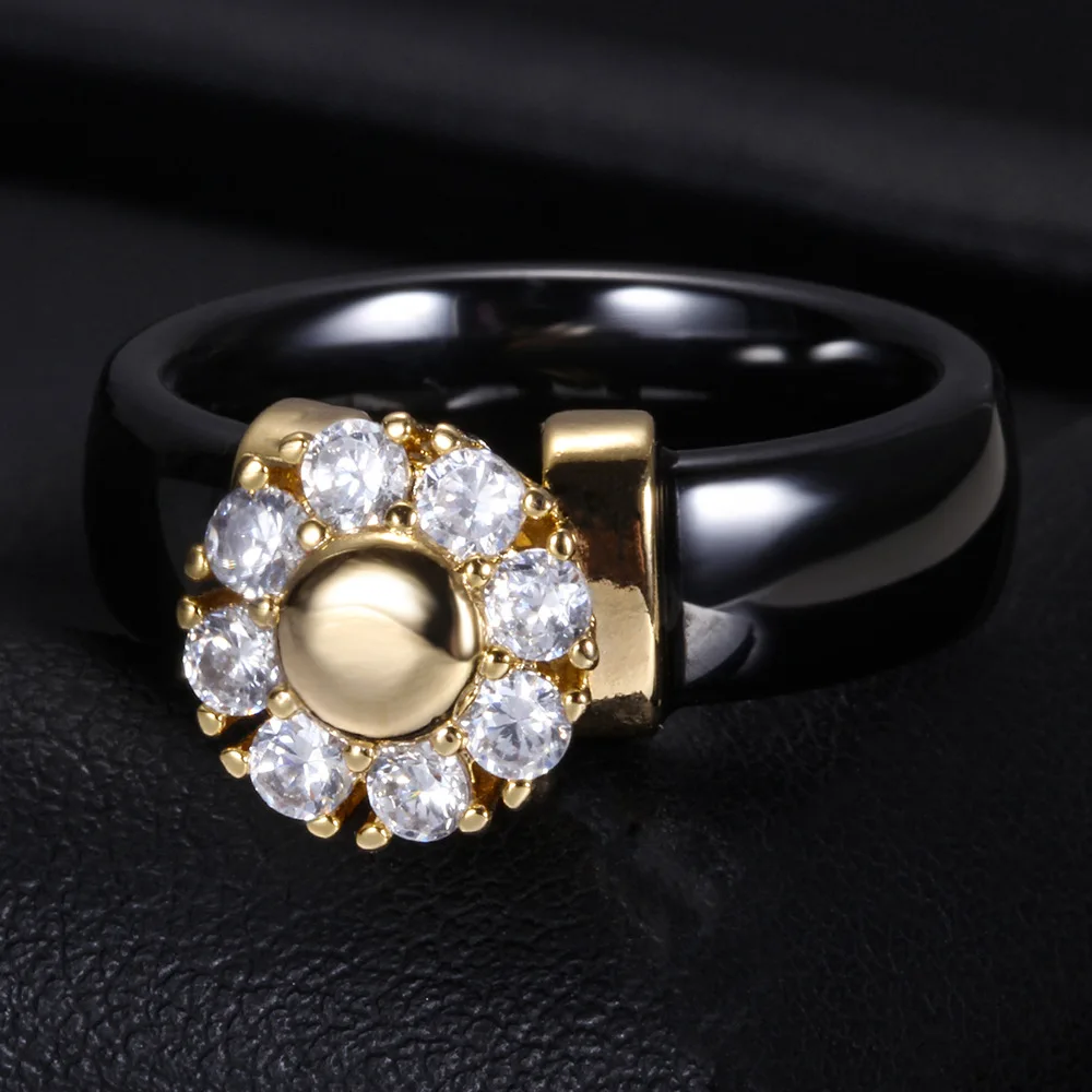Luxus Sonnenblume Zirkon Keramik Ring Für Frauen Mädchen Titan Stahl Metall Finger Schmuck Zubehör Geschenk Schwarz Weiß Farbe