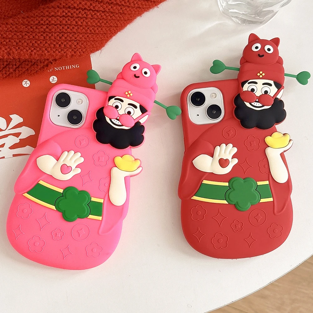 3D Cute Fortune God Soft Silicone Phone Case for iPhone 11 12 13 14 15 16 Pro Max Chinese New Year Gifts Lucky Anti-drop Cover