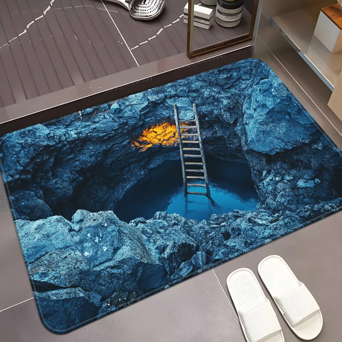 1pc Cave Ladder Deep Blue Underground Door Mat Adventure Theme Rug 3D Effect Anti Slip Indoor Floor Mat Home Decor