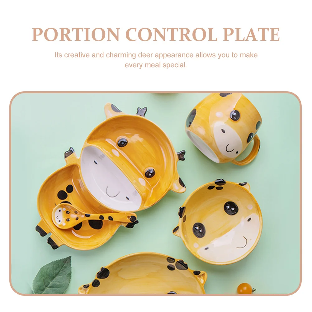 

Portion Control Plate Ceramic Deer Pattern Divided Kids Plate Children Cartoon Dinner Dessert Salad Household Food Holder