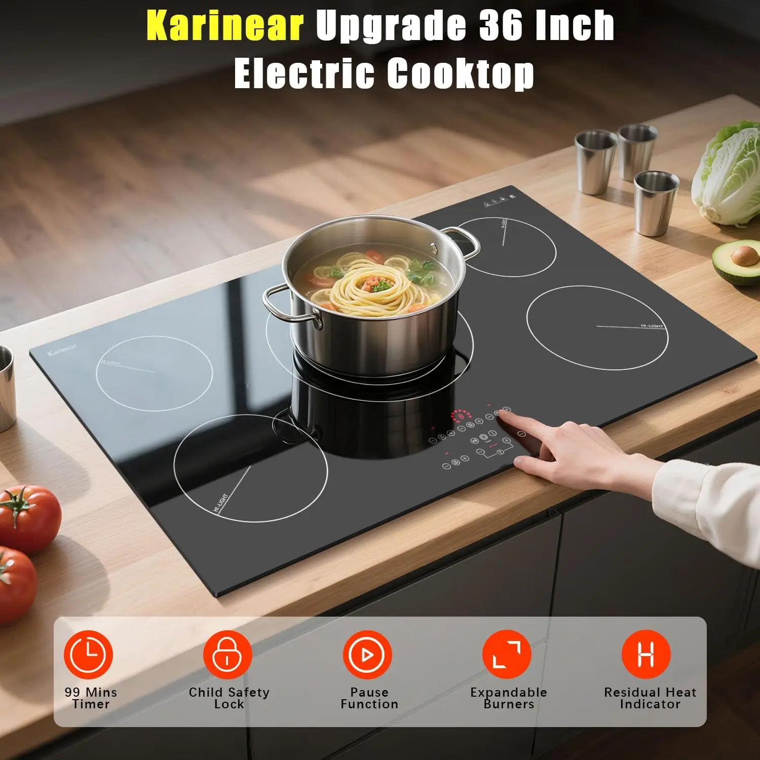 Karinear Electric Ceramic Stove Top 36 Inch Built-in, 5 Burners, Pause, Timer, Safety Lock,Triple Ring Expandable, 9400W, 240V